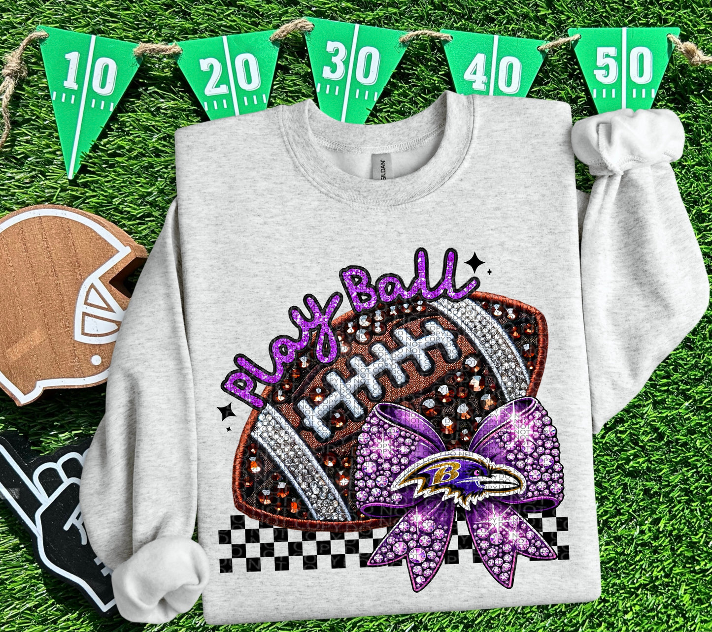 Play Ball Baltimore Faux Embroidery and Faux Rhinestone Football DTF & Sublimation Transfer