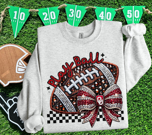 Play Ball Oklahoma Faux Embroidery and Faux Rhinestone Football DTF & Sublimation Transfer