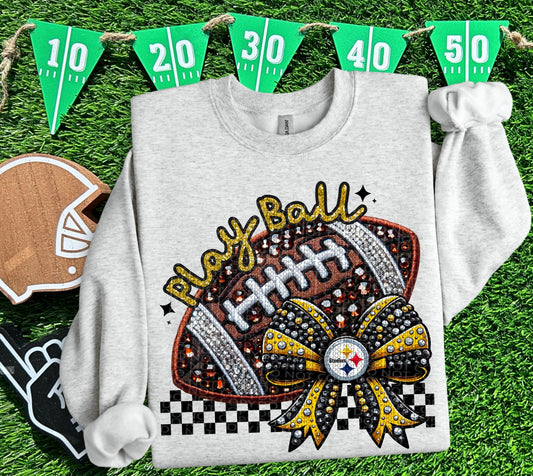 Play Ball Pittsburgh Faux Embroidery and Faux Rhinestone Football DTF & Sublimation Transfer