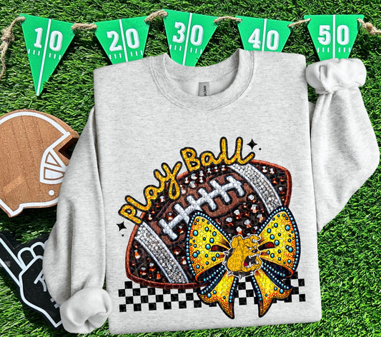 Play Ball TX Luthern Faux Embroidery and Faux Rhinestone Football DTF & Sublimation Transfer