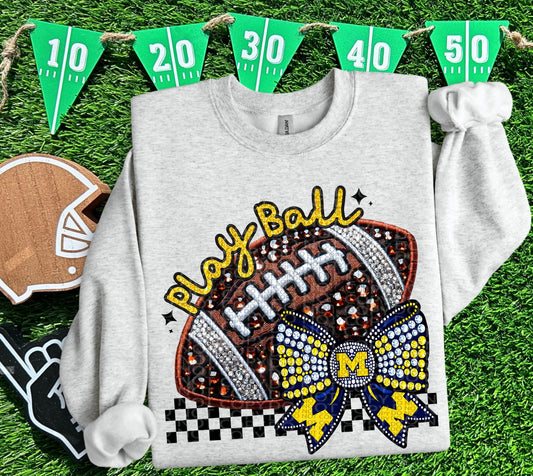 Play Ball Wolverines Faux Embroidery and Faux Rhinestone Football DTF & Sublimation Transfer