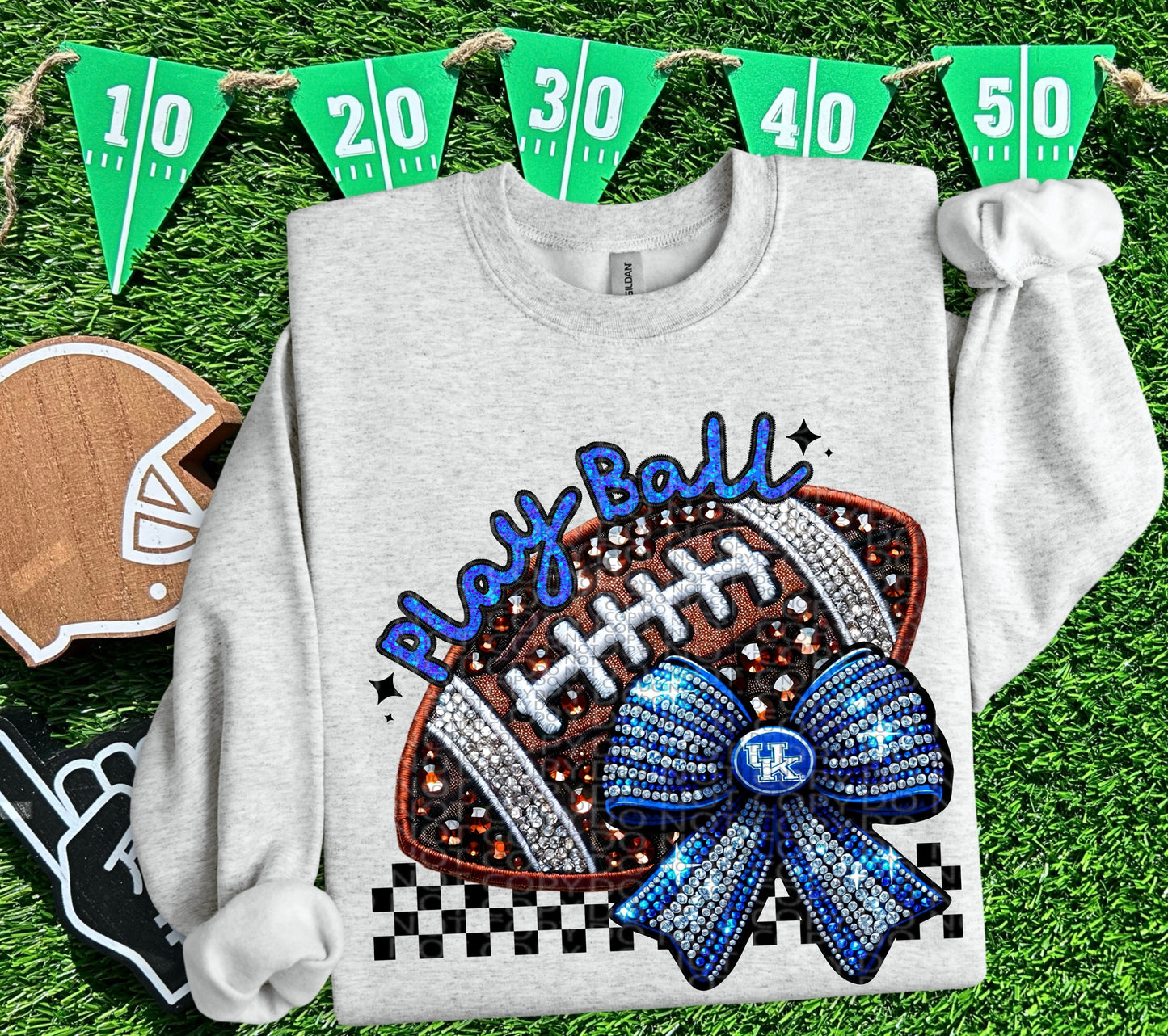 Play Ball Kentucky (W) Faux Embroidery and Faux Rhinestone Football DTF & Sublimation Transfer