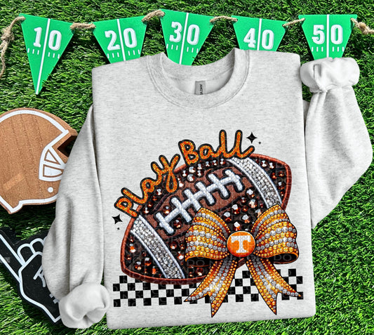 Play Ball Volunteers Faux Embroidery and Faux Rhinestone Football DTF & Sublimation Transfer