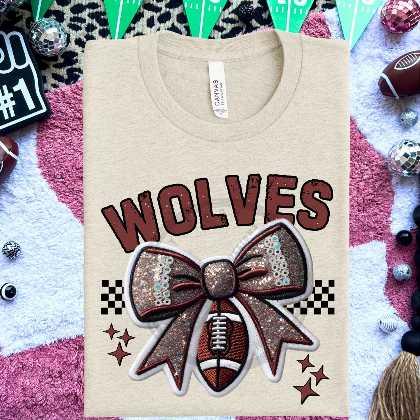 Wolves Distressed Faux Embroidery Football DTF & Sublimation Transfer