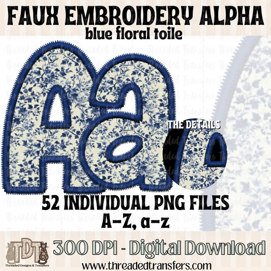 Blue Floral Toile Faux Embroidery Alpha Digital Download (PNG Format - no products shipped)