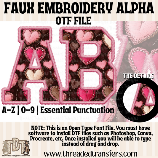 Patchwork Hearts Faux Embroidery Alpha Digital Download (OTF Format - no products shipped)