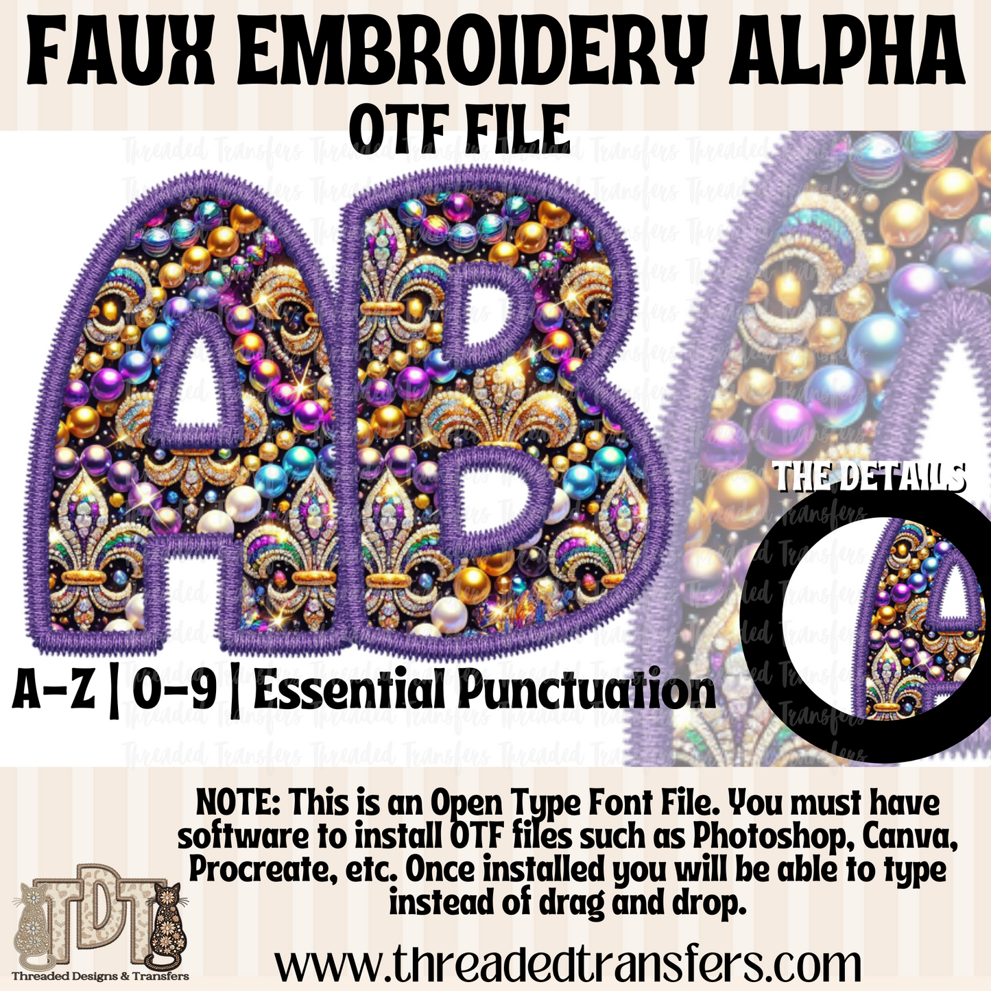 Mardi Beads Faux Embroidery Alpha Digital Download (OTF Format - no products shipped)