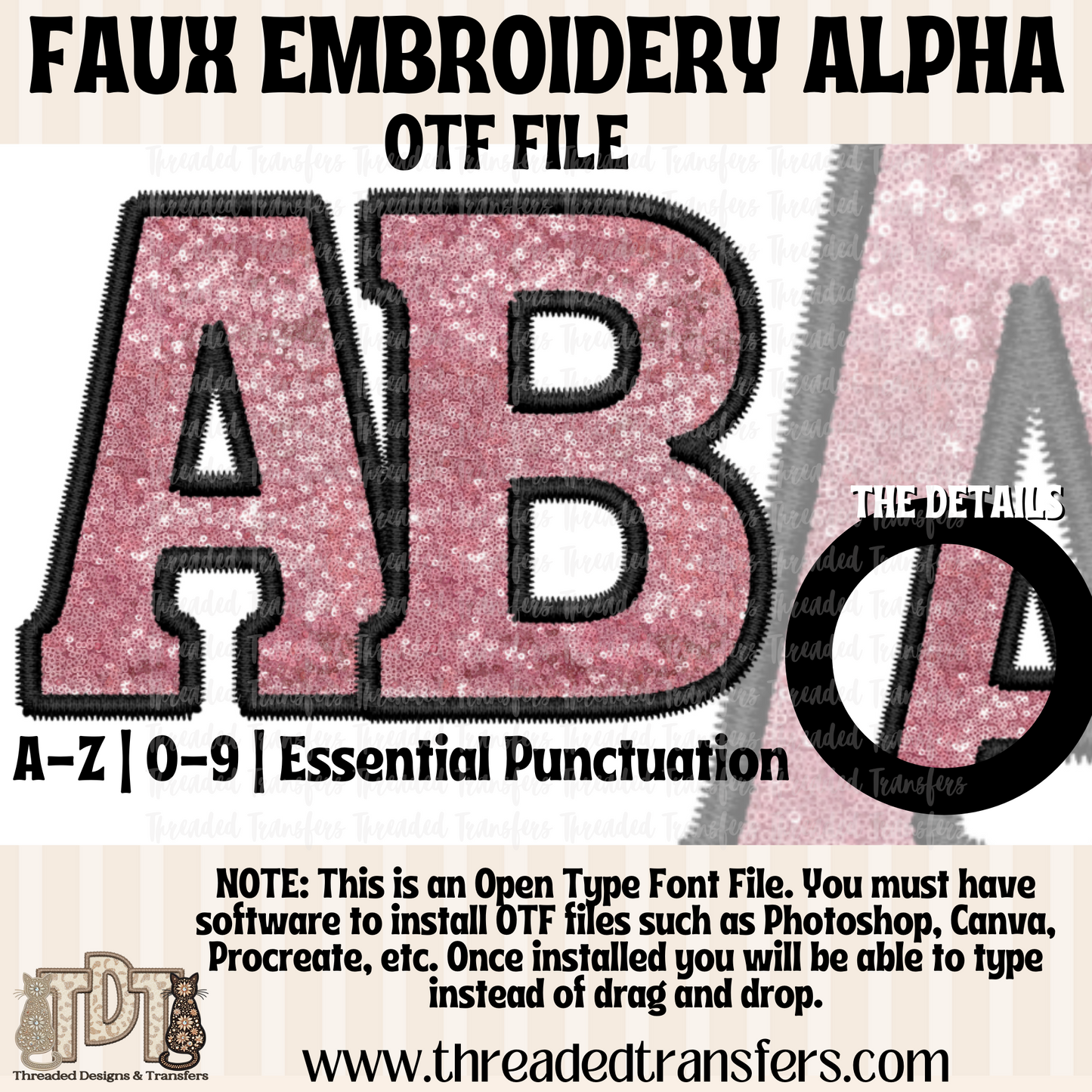 Pink Sequin Faux Embroidery Alpha Digital Download (OTF Format - no products shipped)