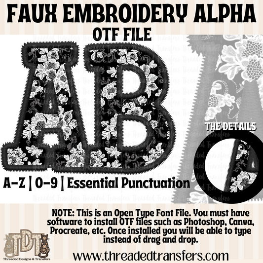 Black Lace Faux Embroidery Alpha Digital Download (OTF Format - no products shipped)