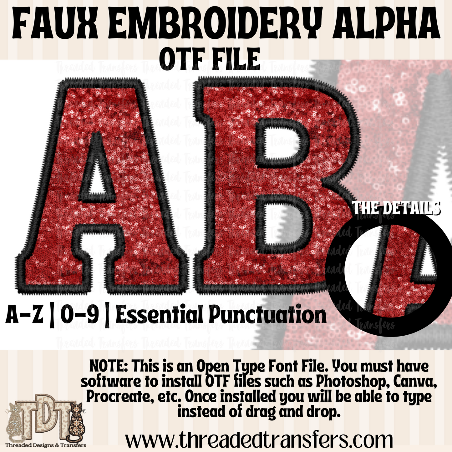 Red Sequin Faux Embroidery Alpha Digital Download (OTF Format - no products shipped)