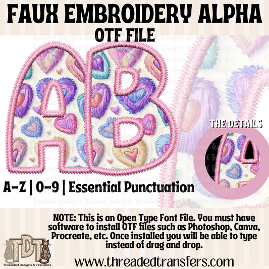 Doodle Heart Faux Embroidery Alpha Digital Download (OTF Format - no products shipped)