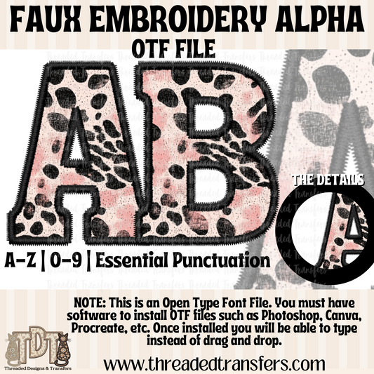 Pink Cheetah Faux Embroidery Alpha Digital Download (OTF Format - no products shipped)