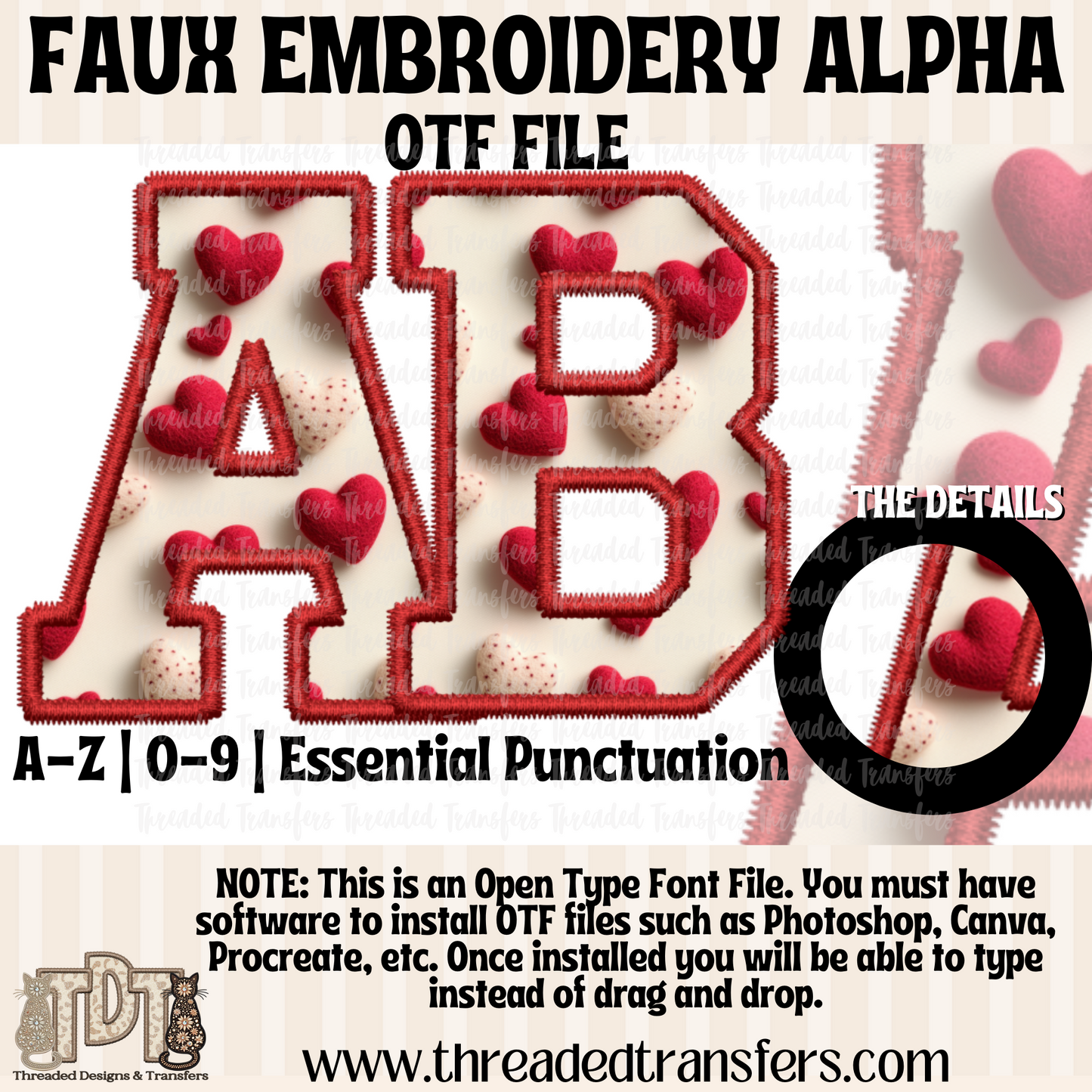 Red Felt Heart Faux Embroidery Alpha Digital Download (OTF Format - no products shipped)