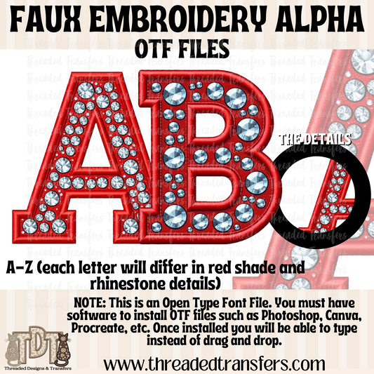 Red Faux Rhinestone & Faux Embroidery Alpha Digital Download (OTF Format - no products shipped)