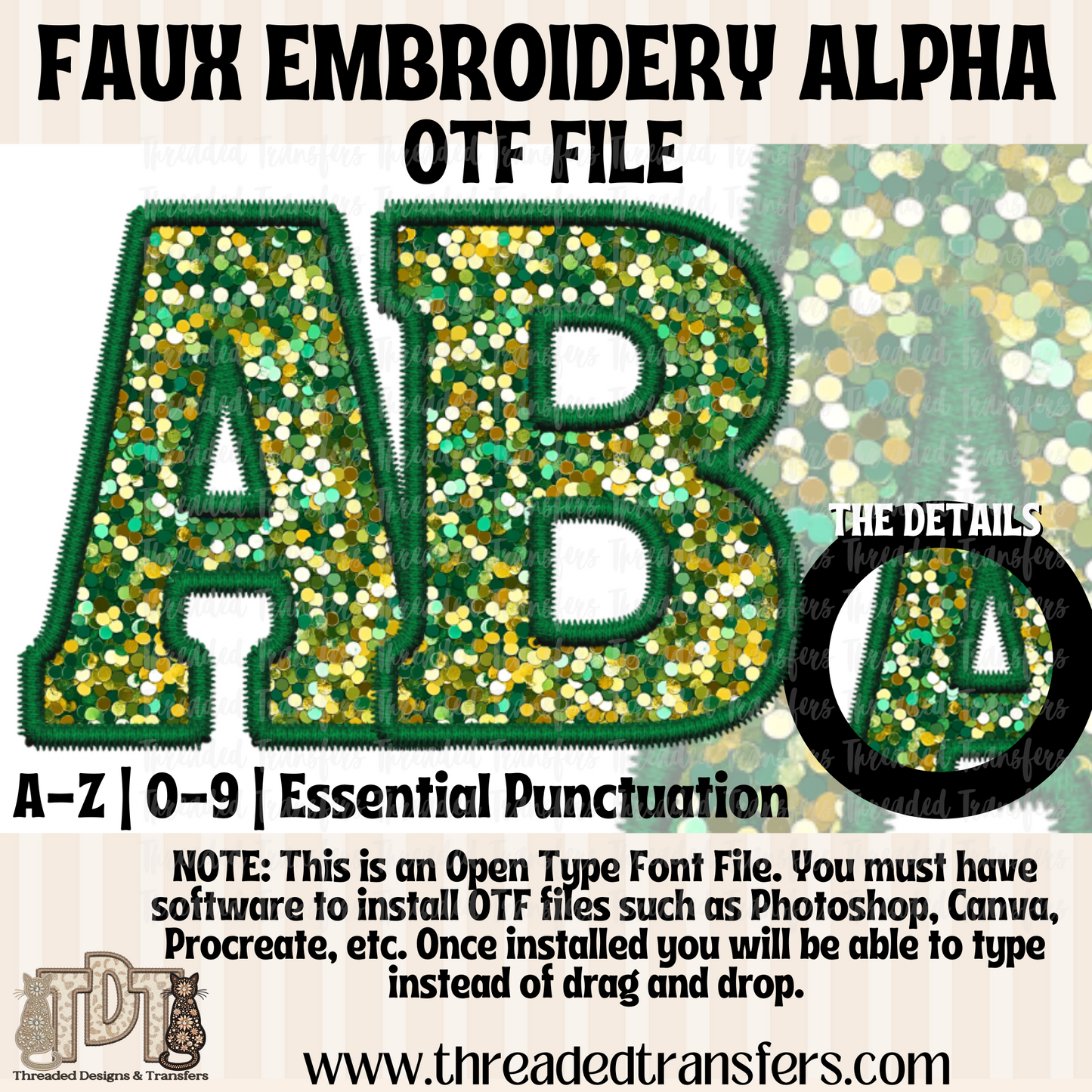 Green Multi Sparkle Faux Embroidery Alpha Digital Download (OTF Format - no products shipped)