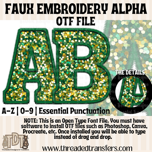 Green Multi Sparkle Faux Embroidery Alpha Digital Download (OTF Format - no products shipped)