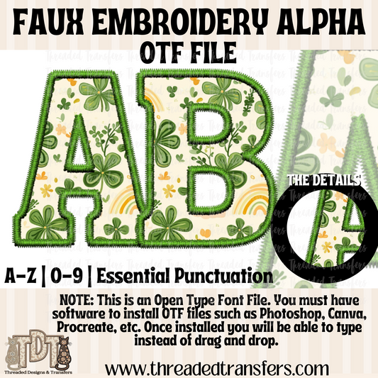 Lucky Shamrock Faux Embroidery Alpha Digital Download (OTF Format - no products shipped)