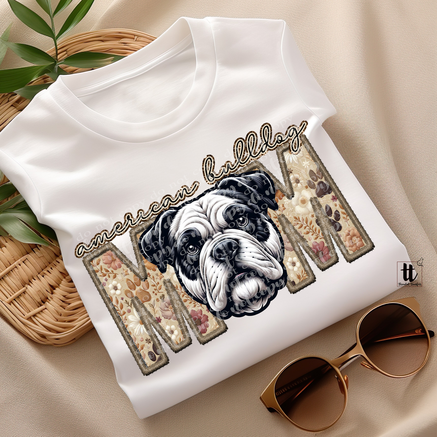 American Bulldog Mom- Black and White **EXCLUSIVE** Faux Embroidery & Faux Sparkle DTF & Sublimation Transfer