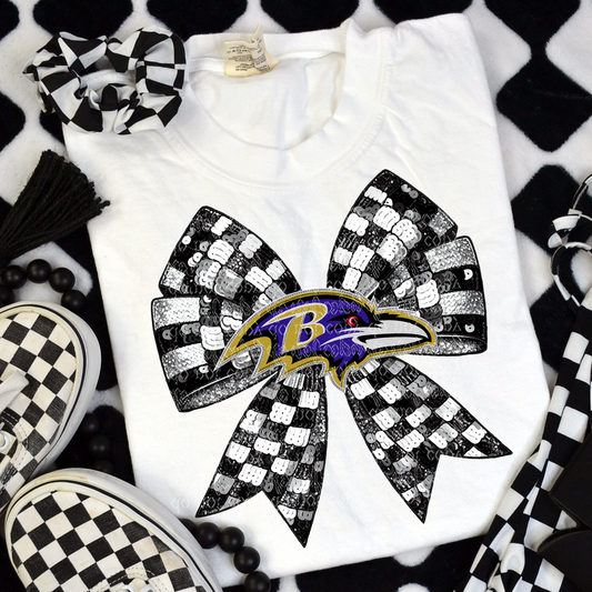 Baltimore Checker Coquette Bow Faux Sequin, Faux Rhinestone & Faux Embroidery DTF & Sublimation Transfer