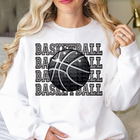 Basketball Repeat Words Faux Rhinestone & Faux Embroidery DTF & Sublimation Transfer