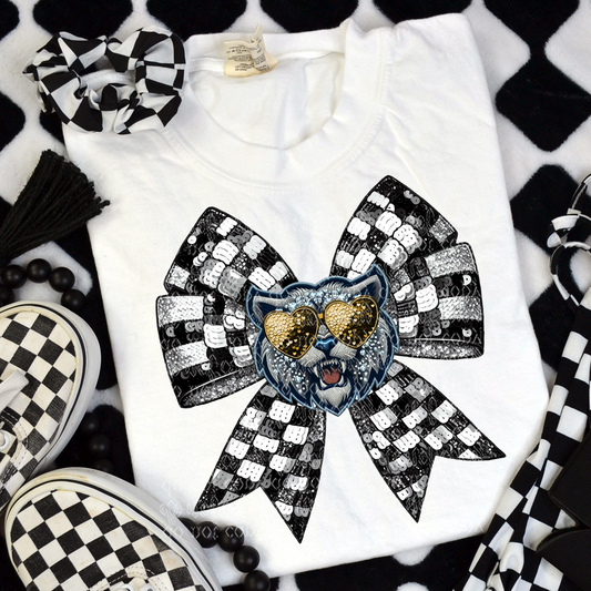 Bearcat Checker Coquette Bow Faux Sequin, Faux Rhinestone & Faux Embroidery DTF & Sublimation Transfer