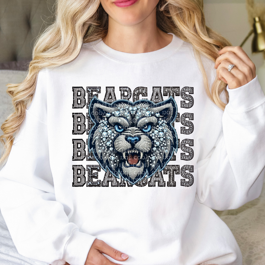 Bearcats Mascot Repeat Words Faux Rhinestone & Faux Embroidery DTF & Sublimation Transfer