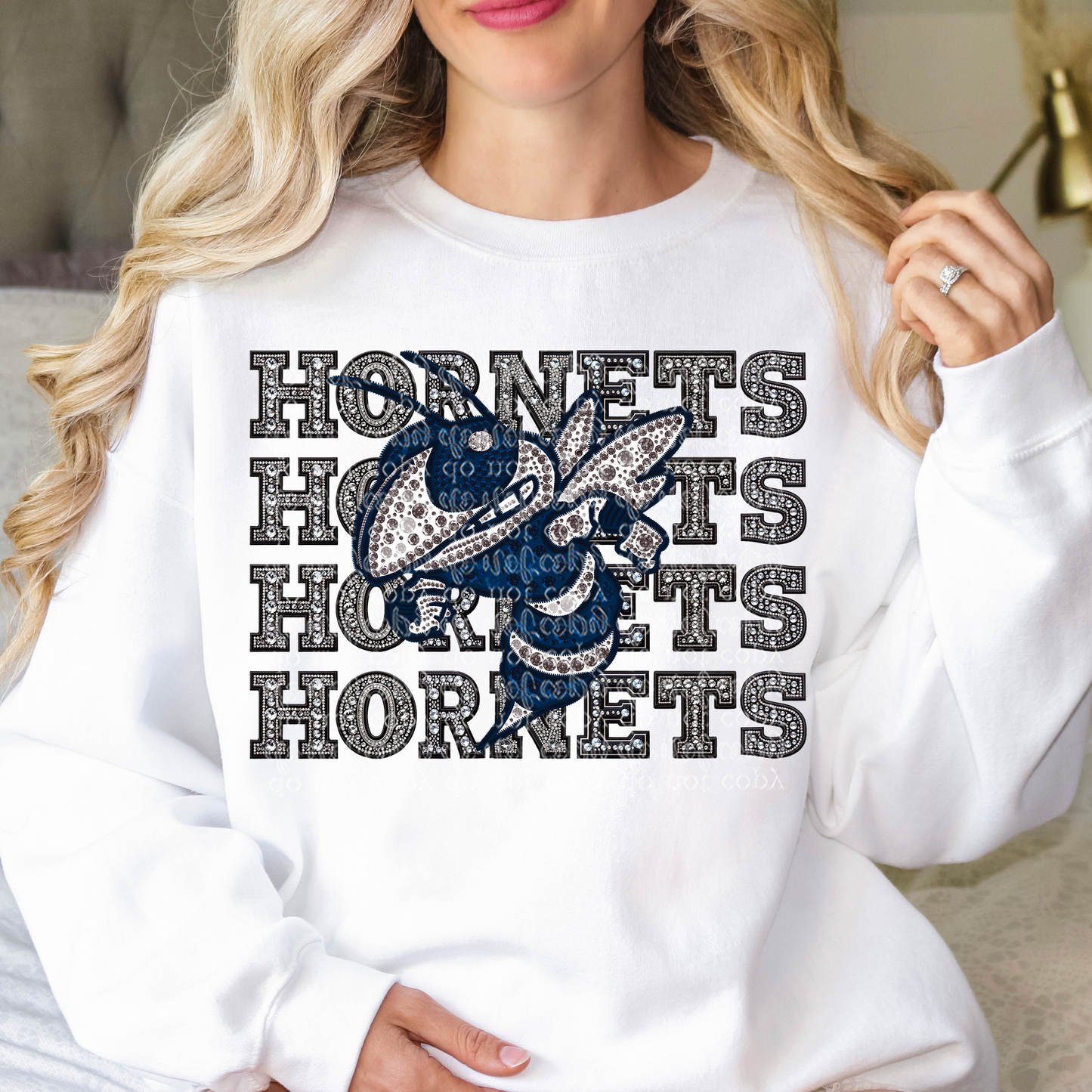 Blue Hornets Repeat Words Faux Rhinestone & Faux Embroidery DTF & Sublimation Transfer