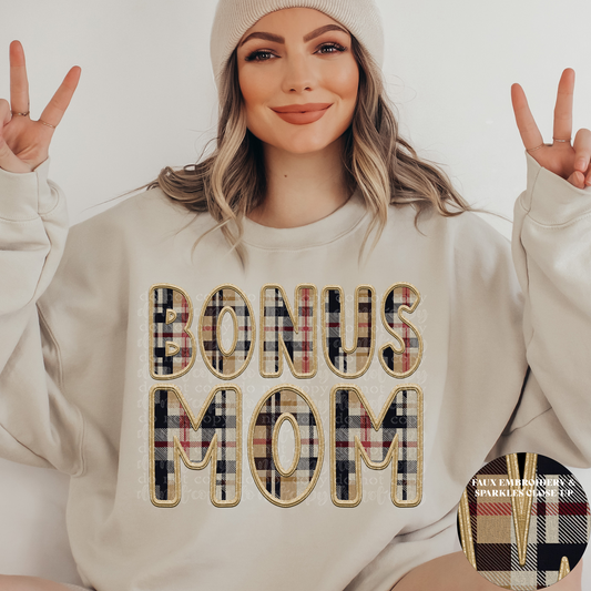 Bonus Mom Fall Plaid Faux Embroidery DTF & Sublimation Transfer