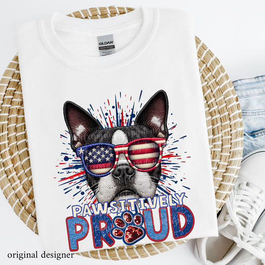 Boston Terrier Pawsitively Proud **EXCLUSIVE** Faux Embroidery, Chenille, & Sparkle DTF & Sublimation Transfer