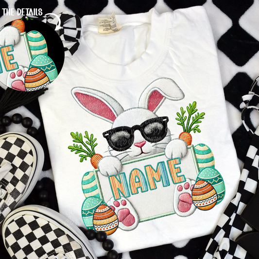 Bunny with Sunglasses Customizable Name Faux Embroidery DTF & Sublimation Transfer