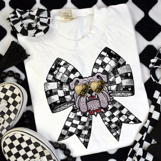 Bulldog Checker Coquette Bow Faux Sequin, Faux Rhinestone & Faux Embroidery DTF & Sublimation Transfer