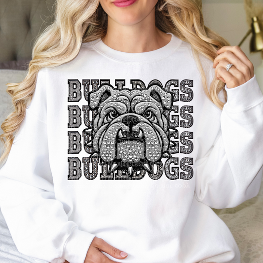 Bulldogs Mascot Repeat Words Faux Rhinestone & Faux Embroidery DTF & Sublimation Transfer