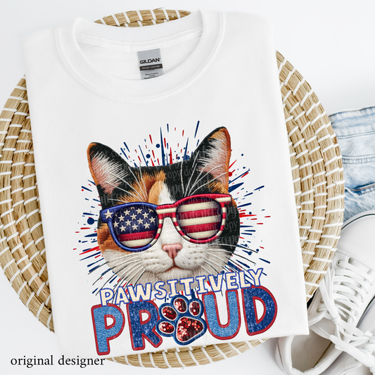 Calico Cat Pawsitively Proud  **EXCLUSIVE** Faux Embroidery, Chenille, & Sparkle DTF & Sublimation Transfer