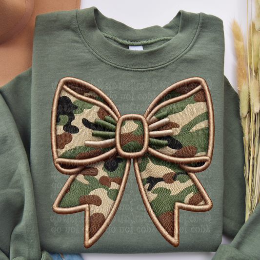 Camouflage Coquette Bow Faux Embroidery DTF & Sublimation Transfer