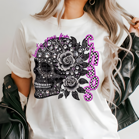 Chaos Skull Faux Rhinestone, Faux Embroidery, Faux Knit DTF & Sublimation Transfer