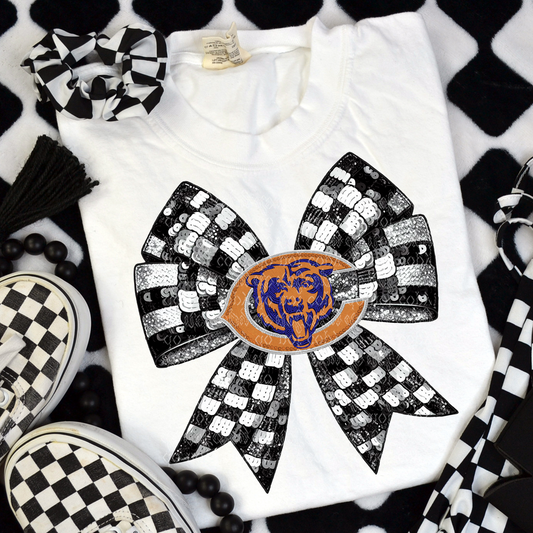 Chicago Checker Coquette Bow Faux Sequin, Faux Rhinestone & Faux Embroidery DTF & Sublimation Transfer