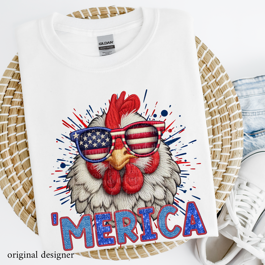 Chicken 'Merica **EXCLUSIVE** Faux Embroidery, Chenille, & Sparkle DTF & Sublimation Transfer