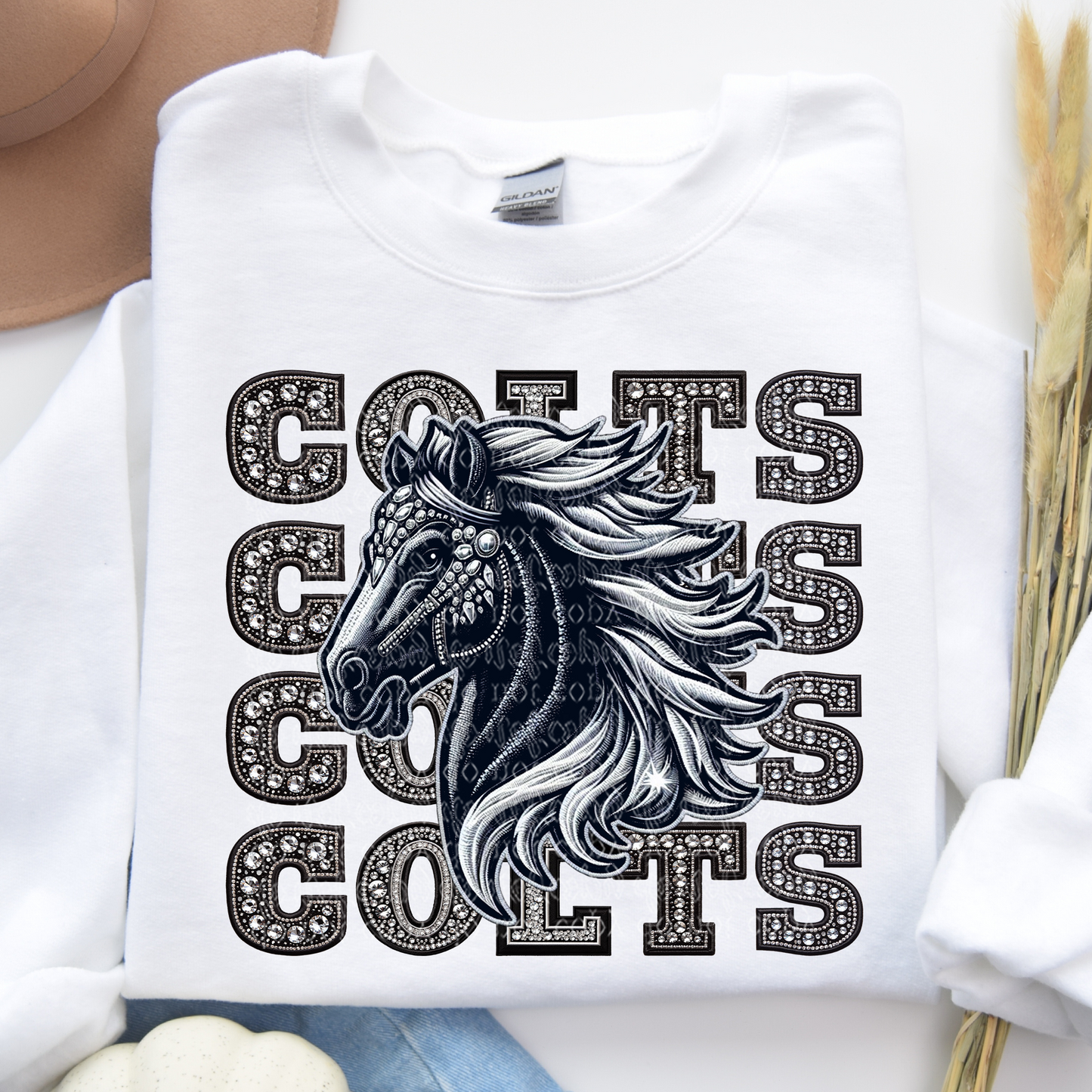 Colts Repeat Words Faux Rhinestone & Faux Embroidery DTF & Sublimation Transfer