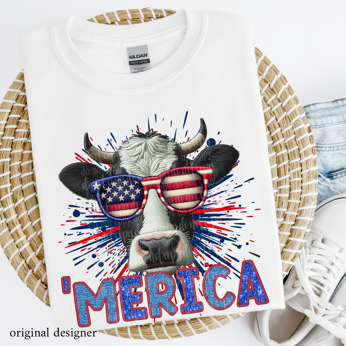 Cow 'Merica **EXCLUSIVE** Faux Embroidery, Chenille, & Sparkle DTF & Sublimation Transfer