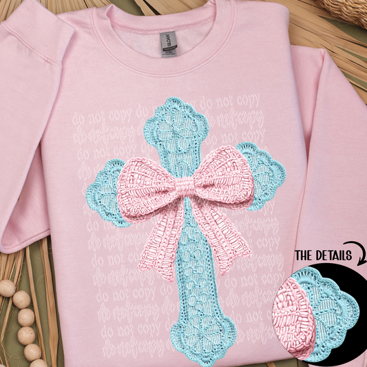 Cross with Coquette Bow Faux Crochet DTF & Sublimation Transfer