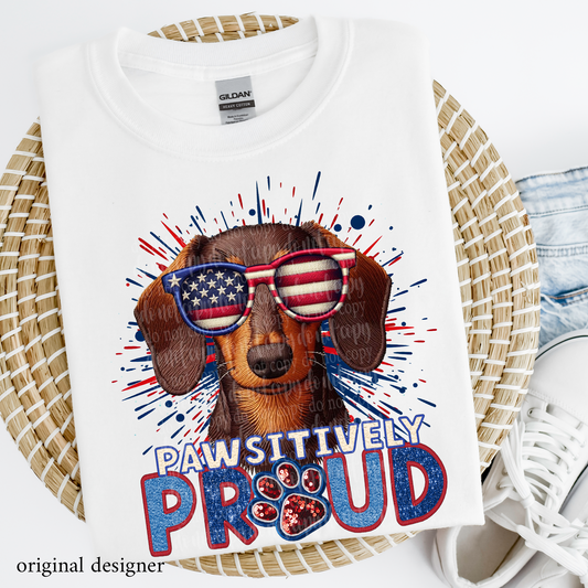 Dachshund (shorthair brown) Pawsitively Proud  **EXCLUSIVE** Faux Embroidery, Chenille, & Sparkle DTF & Sublimation Transfer