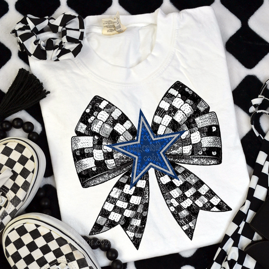 Dallas Checker Coquette Bow Faux Sequin, Faux Rhinestone & Faux Embroidery DTF & Sublimation Transfer