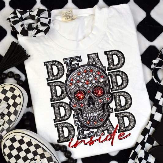 Dead Inside Repeat Words Faux Rhinestone & Faux Embroidery DTF & Sublimation Transfer