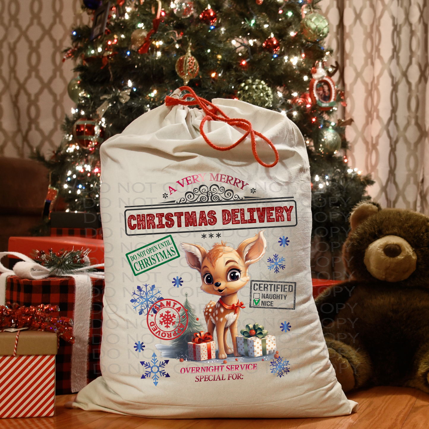 Deer Santa Sack Faux Embroidery and Sparkles DTF Transfer