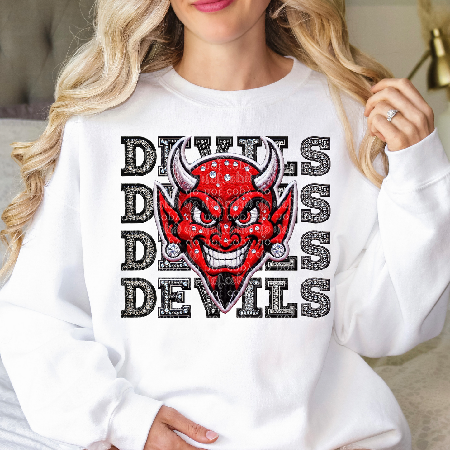 Red Devils Mascot Repeat Words Faux Rhinestone & Faux Embroidery DTF & Sublimation Transfer