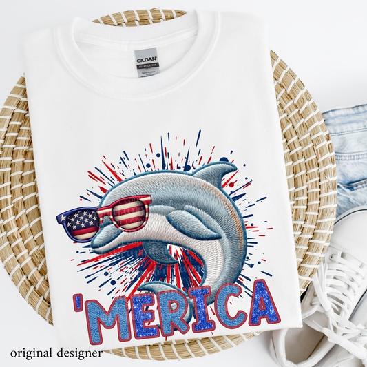 Dolphin 'Merica **EXCLUSIVE** Faux Embroidery, Chenille, & Sparkle DTF & Sublimation Transfer