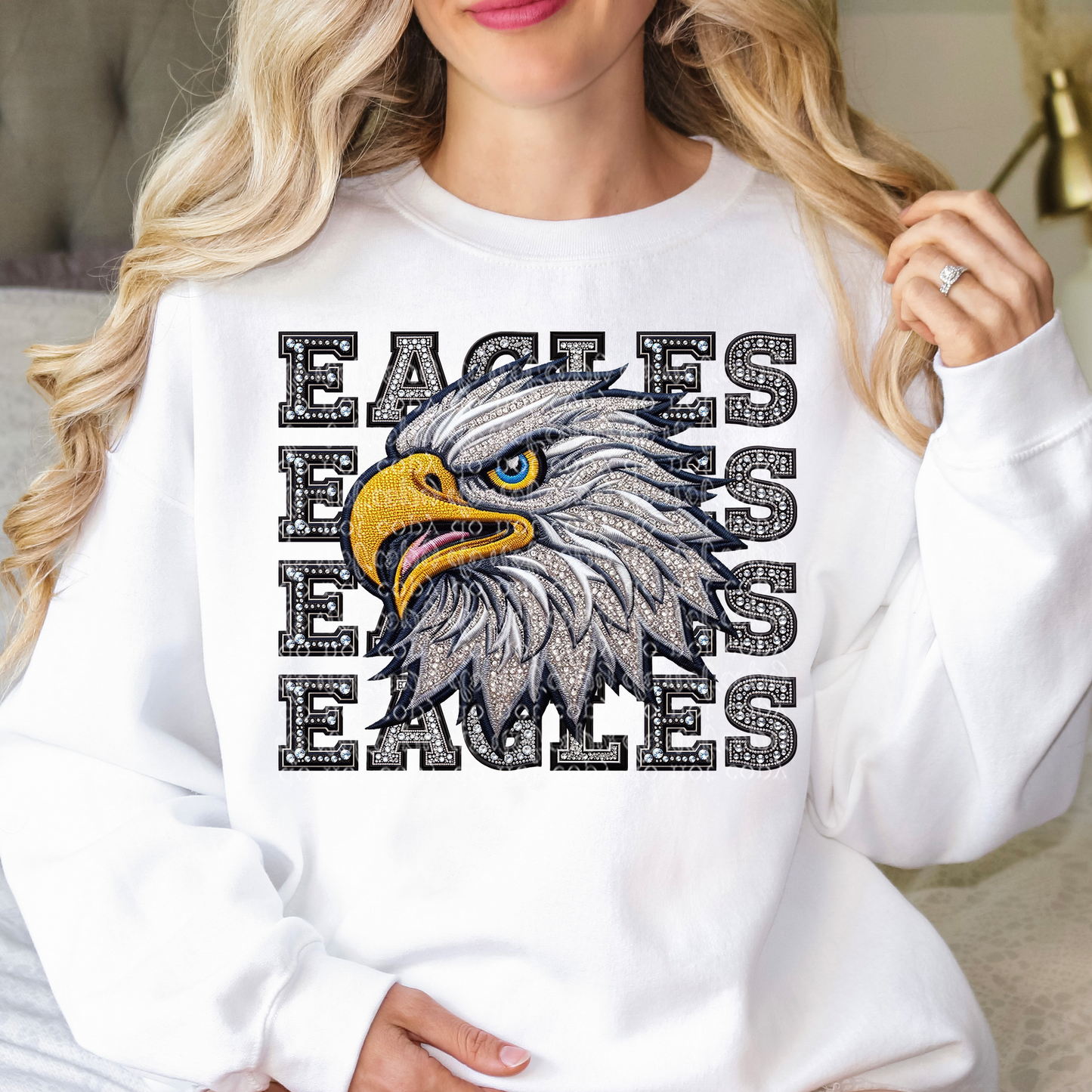 Eagles Mascot Repeat Words Faux Rhinestone & Faux Embroidery DTF & Sublimation Transfer