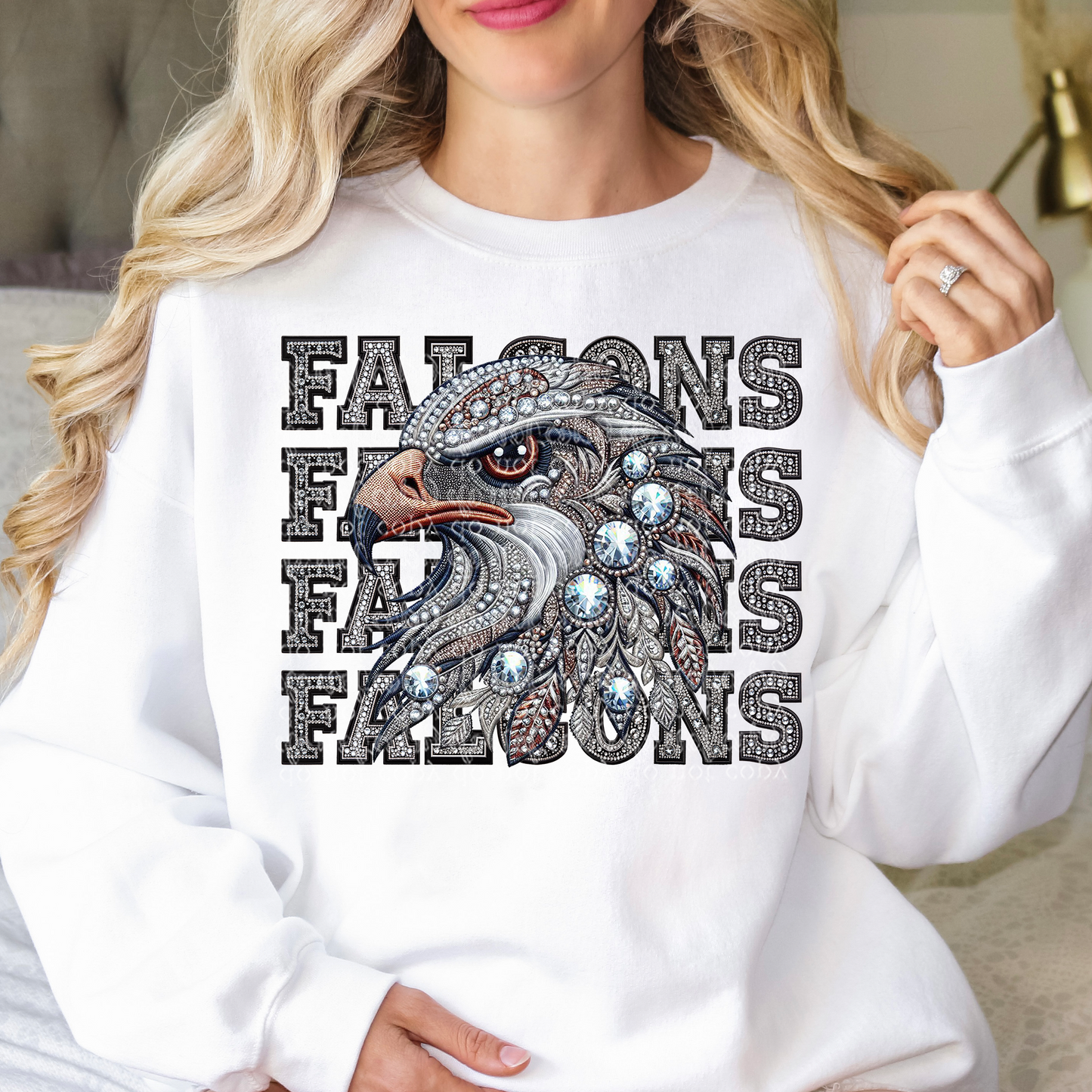 Falcons Mascot Repeat Words Faux Rhinestone & Faux Embroidery DTF & Sublimation Transfer