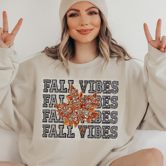 Fall Vibes Repeat Words Faux Rhinestone & Faux Embroidery DTF & Sublimation Transfer