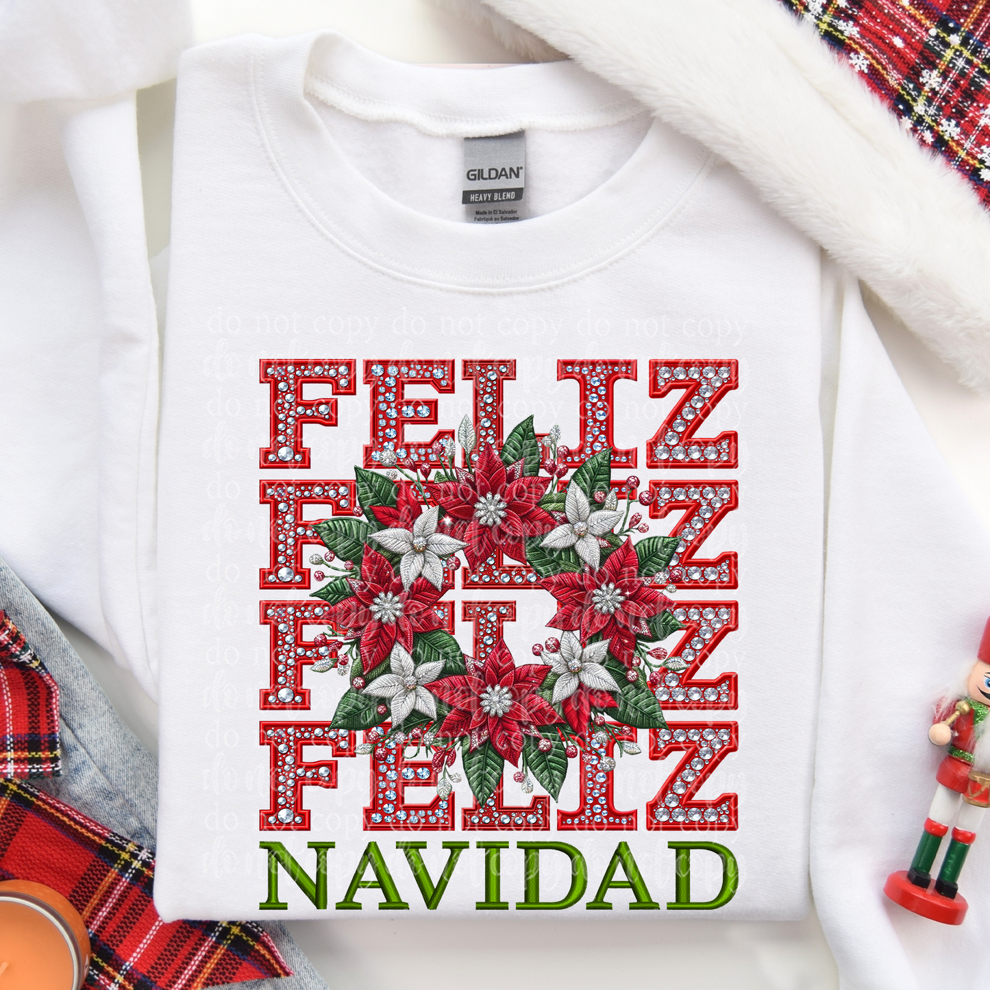 Feliz Navidad Faux Rhinestone & Faux Embroidery DTF & Sublimation Transfer